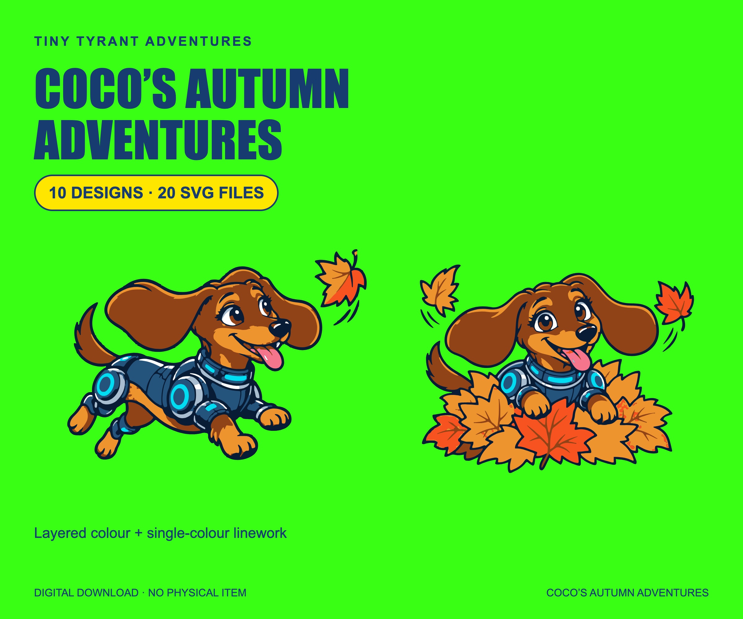 Coco’s Autumn Adventures, a collection of ten dachshund SVG designs