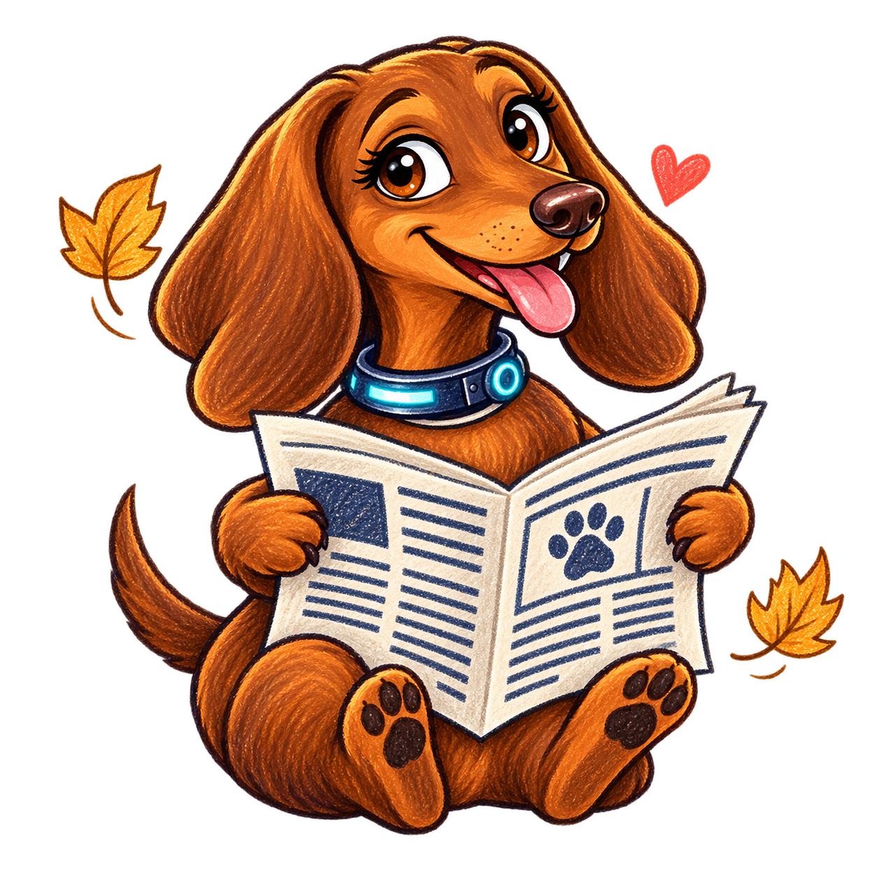 Coco, our cheerful dachshund, reading a newspaper surrounded by autumn leaves
