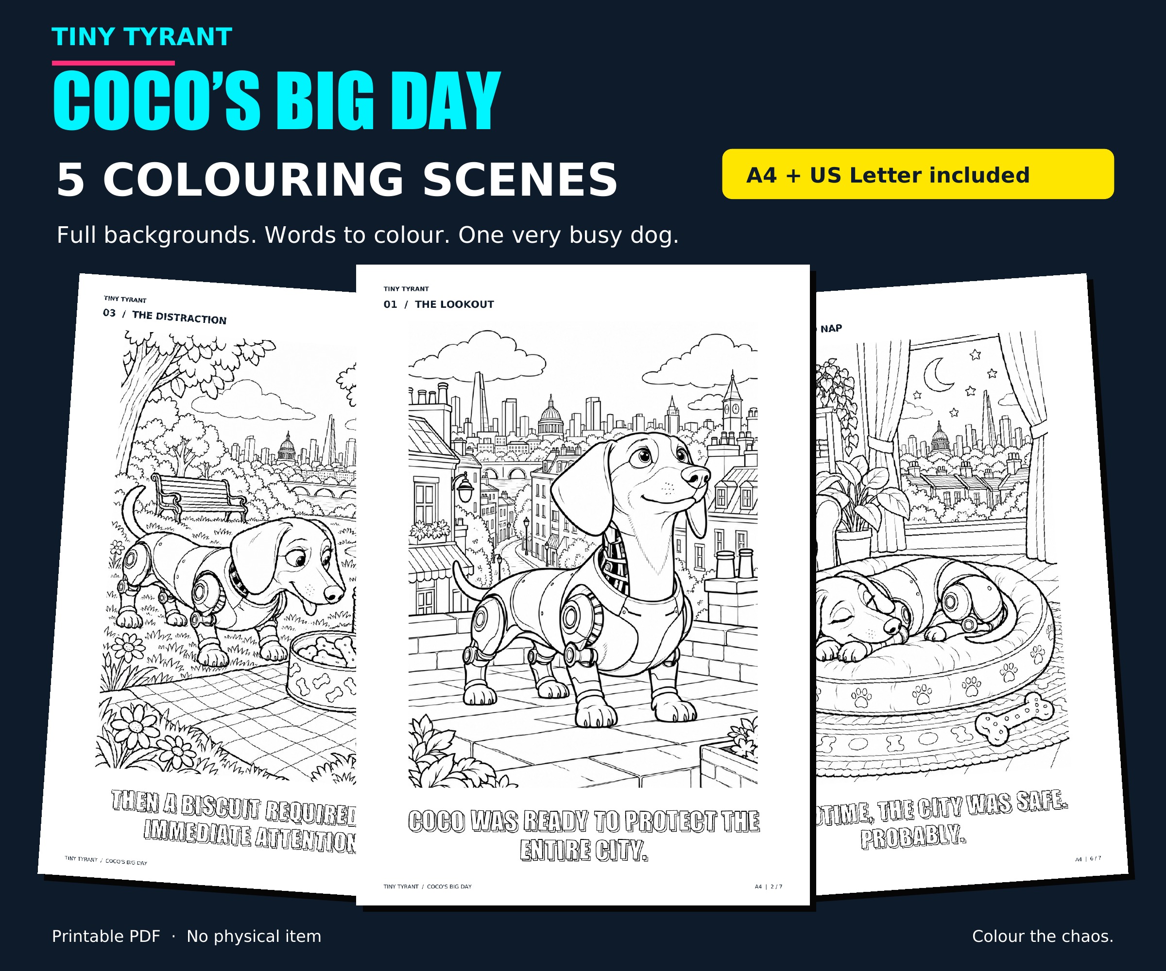 Coco’s Big Day printable colouring collection with five dachshund adventure scenes